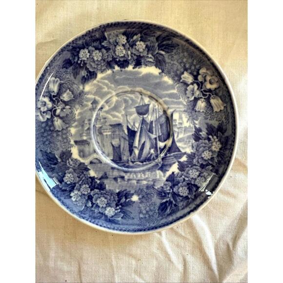 Antique Wedgwood Ferrara Demitasse Teacup &  Saucer Blue Ships Floral England - Picture 2 of 15